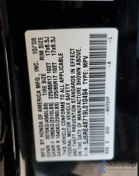 2009 Honda Cr-V Exl from USA, damaged, VIN 5J6RE48719L010494